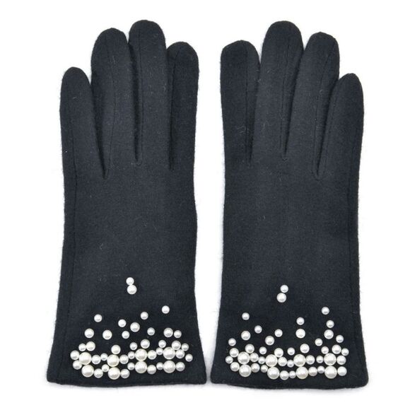 Black Cashmere Blend Fine Knit Faux Pearl Beaded Fleece Lined E Tip Gloves - Picture 1 of 10